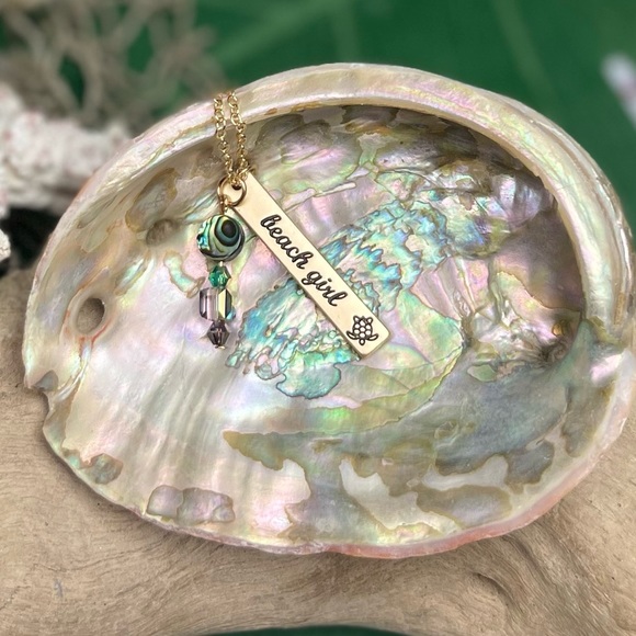Gold or Silver Stamped BEACH GIRL Pendant w Abalone Shell Crystal Beads Necklace - Picture 5 of 16